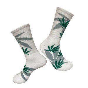 Marijuana Weed Leaf Men/Women sport socks (White w/ Grey & Green Leaves)